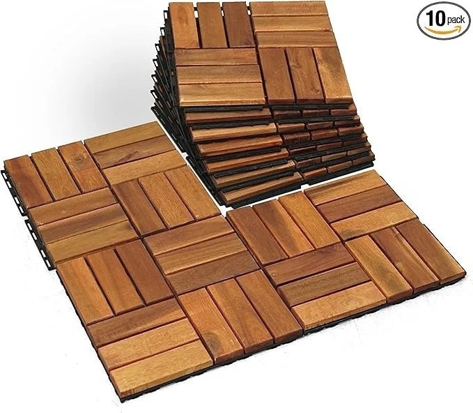 Interlocking Deck Tiles 10 Pack 12×12 Acacia Wood Indoor Outdoor Flooring for