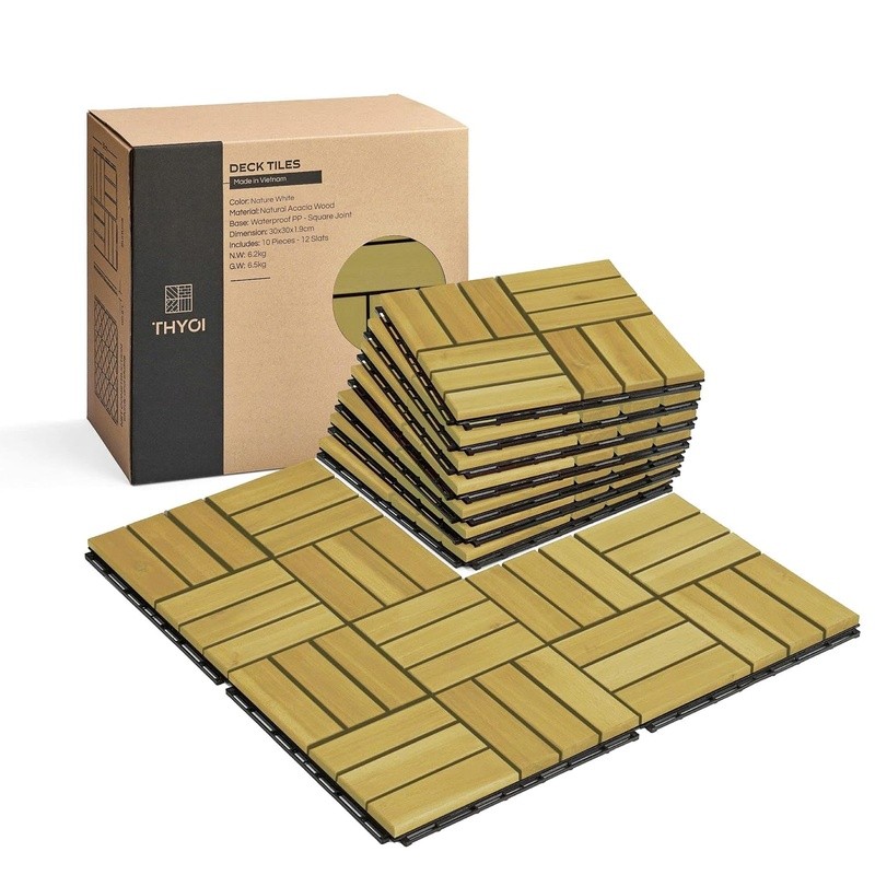 Acacia Wood Interlocking Deck Tiles Waterproof Non-Slip Outdoor Flooring New