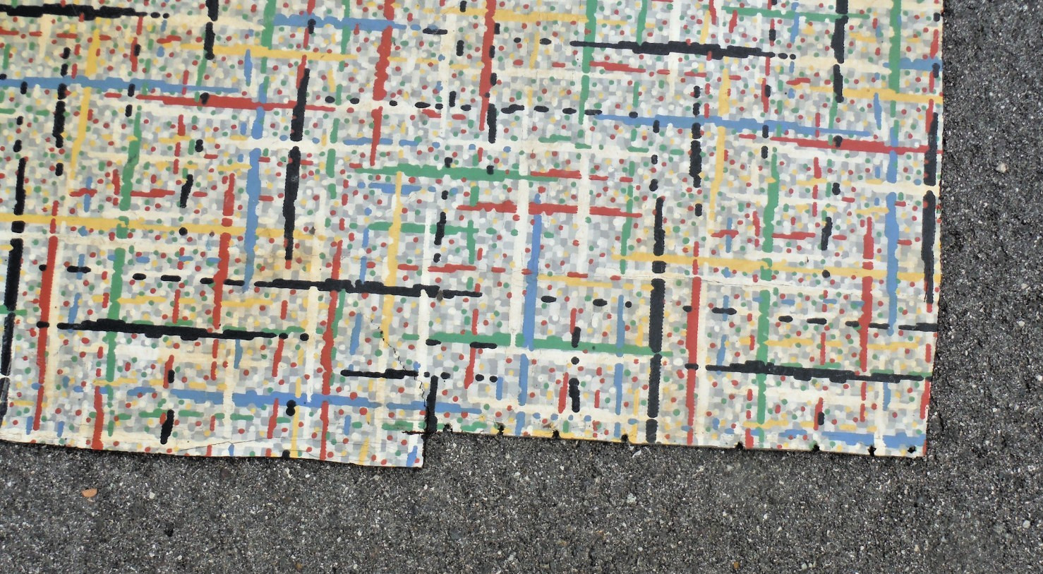 VTG~LINOLEUM FLOORING~L PIECE~45″x 60″~1950-60~MOVIE SET~MCM~GRAY GRID~PRIMARY E