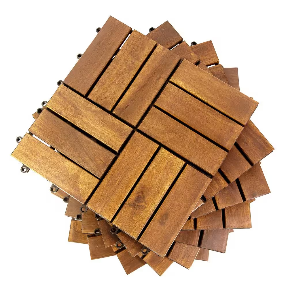 12 In. X 12 In. Acacia Wood Interlocking Flooring Deck Tile Checker Pattern Brow