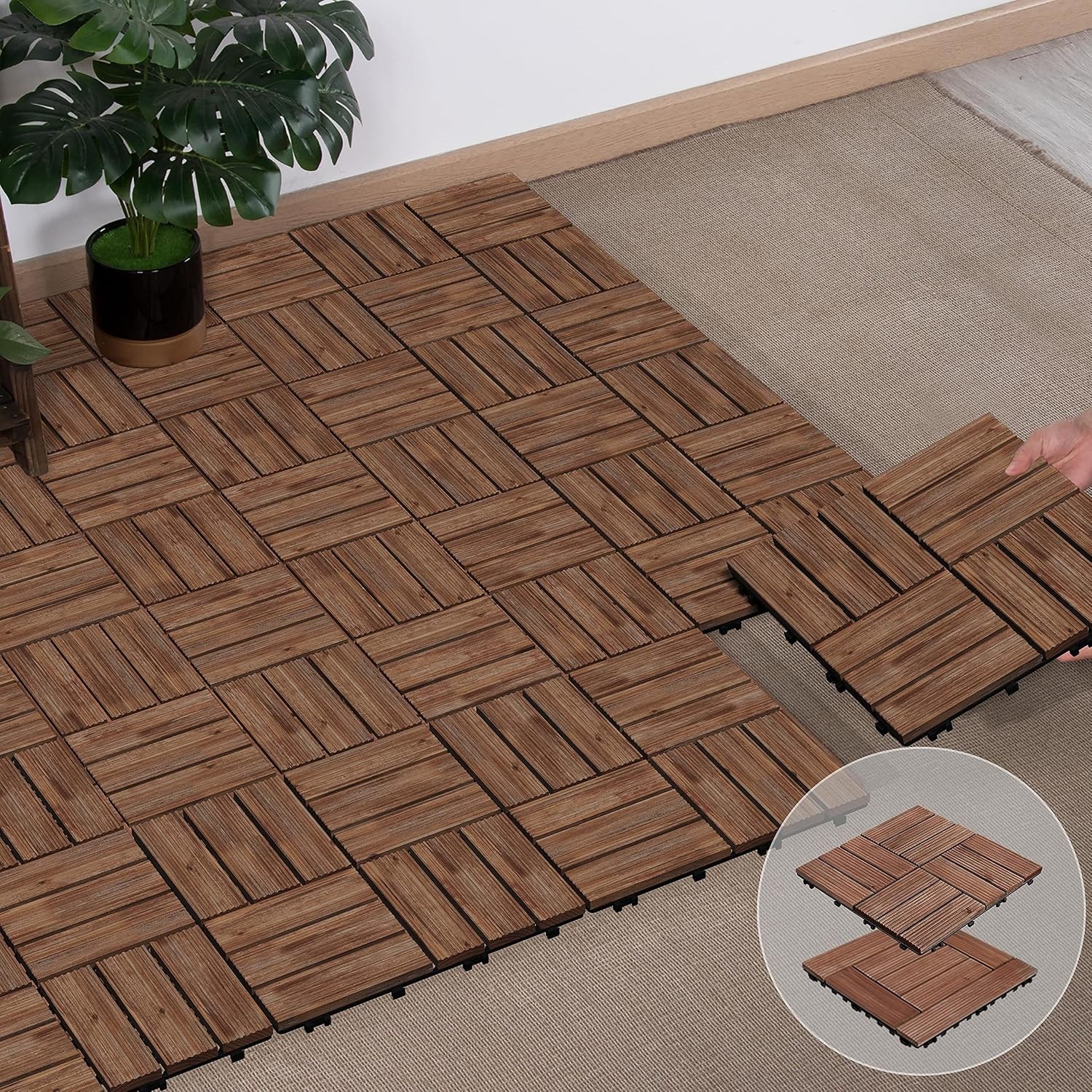 27PCS 12x12in Interlocking Deck Tiles Outdoor Patio,Brown Hardwood tiles cover