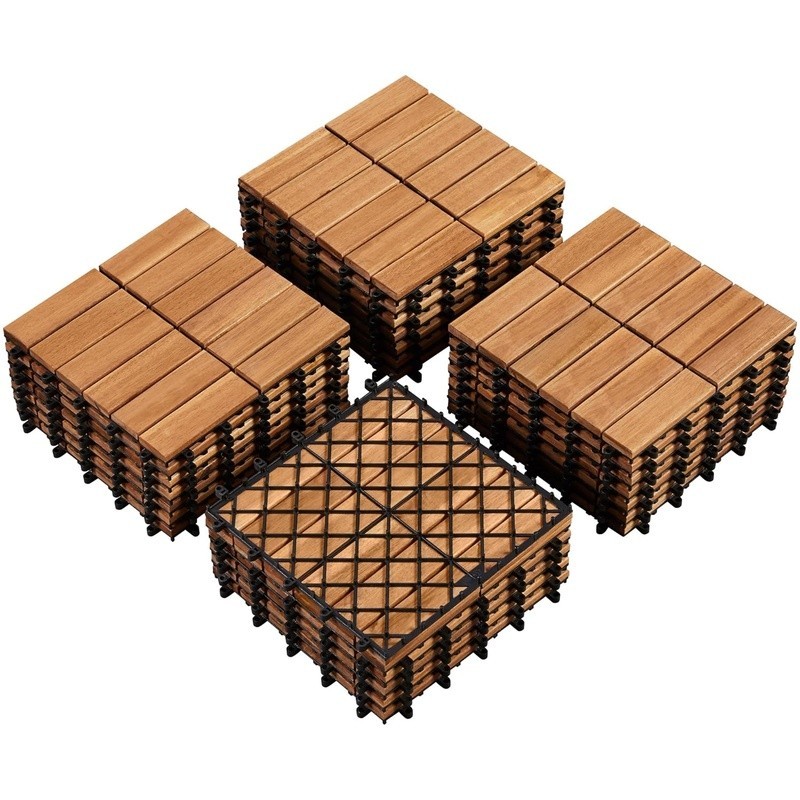 Acacia Wood Interlocking Patio Tiles Non-Slip Outdoor Flooring 11.81×11.81in New