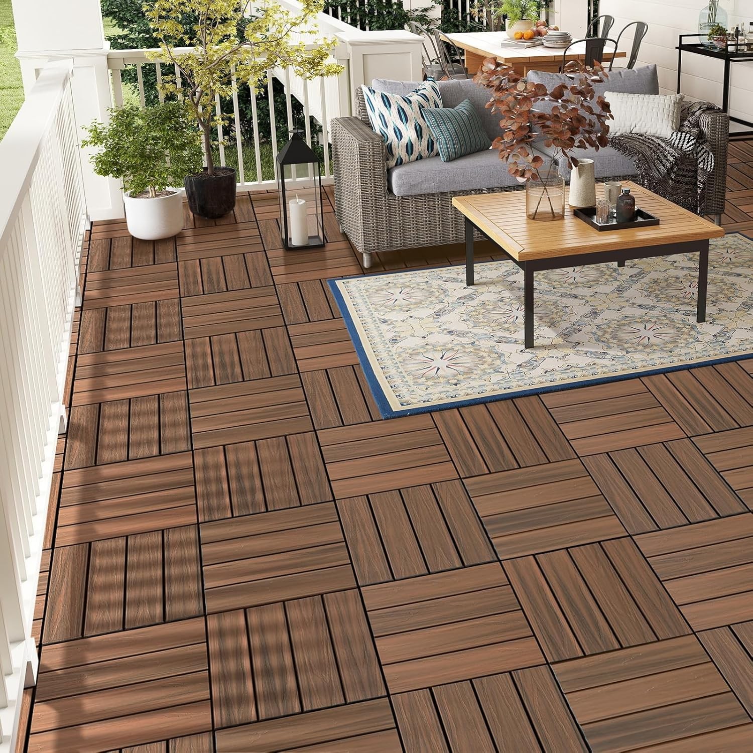 Teak Brown Interlocking 12×12 Deck Tiles Waterproof All Weather Patio Flooring