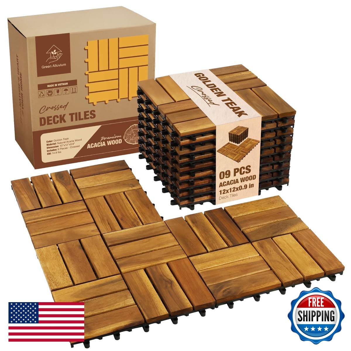 Acacia Wood Interlocking Deck Tiles 12 in 9 PCS