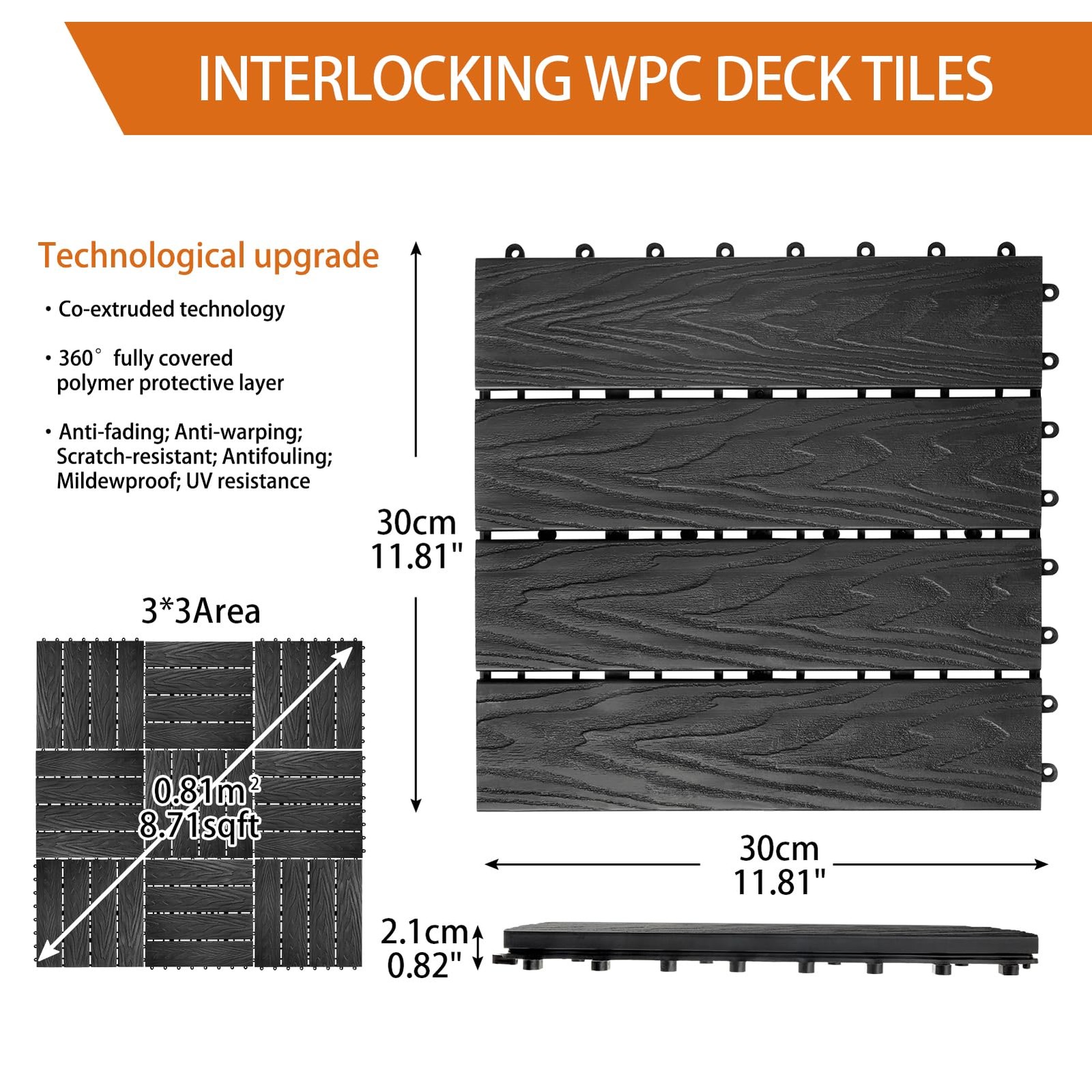 Polymer Composite Interlocking Deck Tiles Outdoor,12×12 Thick Composite Patio…