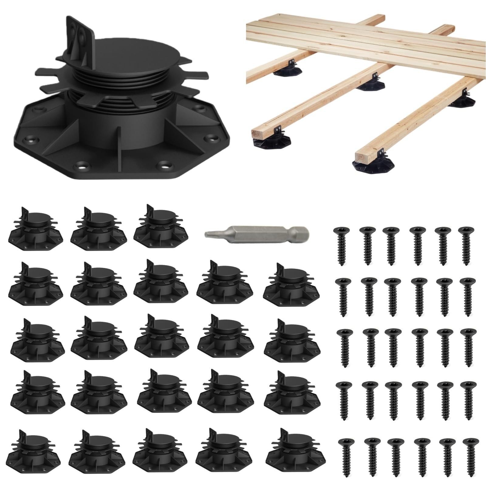 24-Pack Adjustable Deck Support Pedestals, 1.18″–2.36″ (30–60 Mm), for 2×4 & 2×6