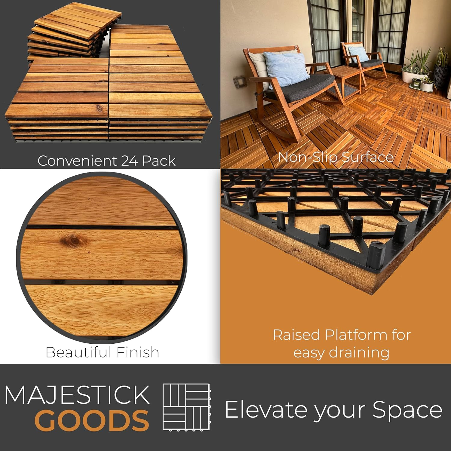 Interlocking Deck Tiles Snap Together Wood Flooring – 12 X 12 Acacia Hardwood Ou