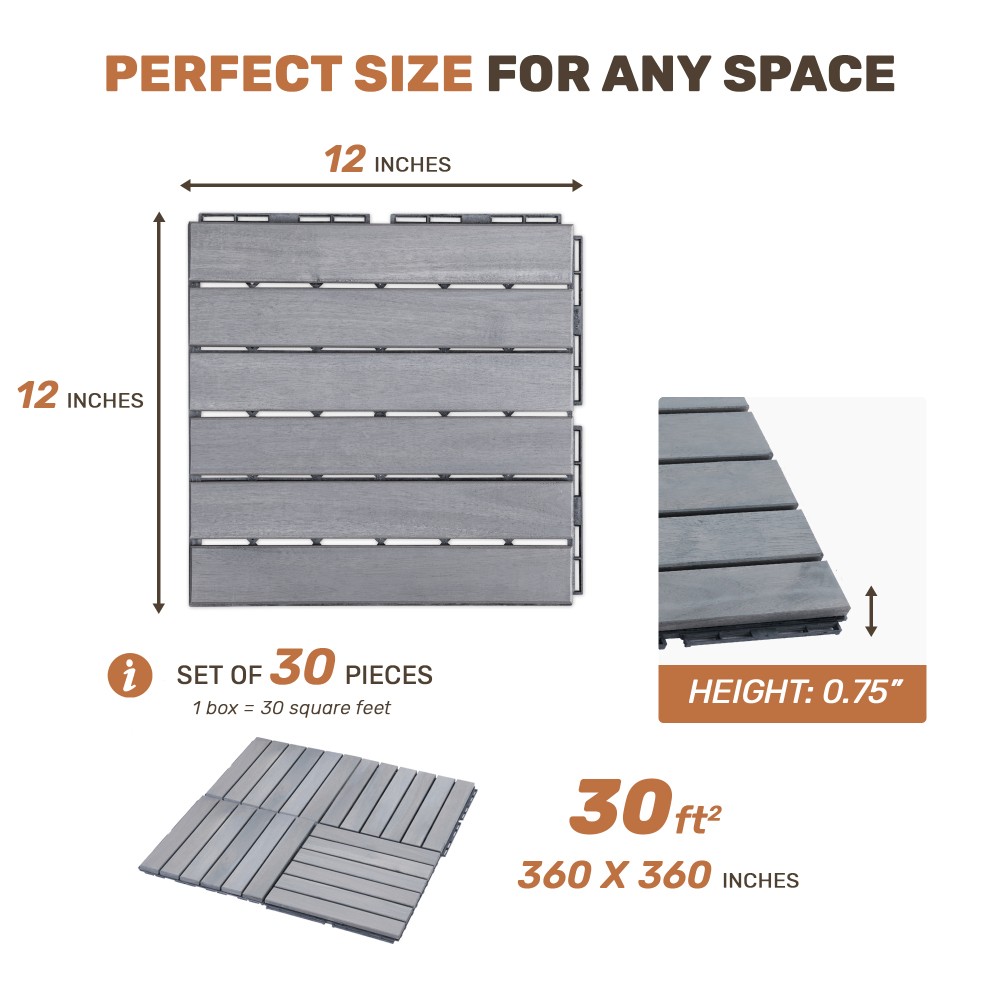 30PCS 12x12in Light Gray Acacia Wood Interlocking Deck Tiles Striped Outdoor