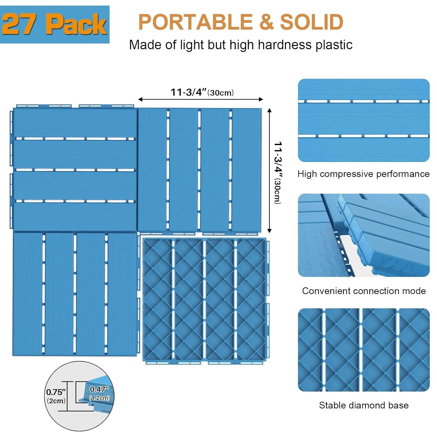 Durable Plastic Deck Tiles 27 Pack 12 Inch Dark Blue for Patio Poolside Backyard