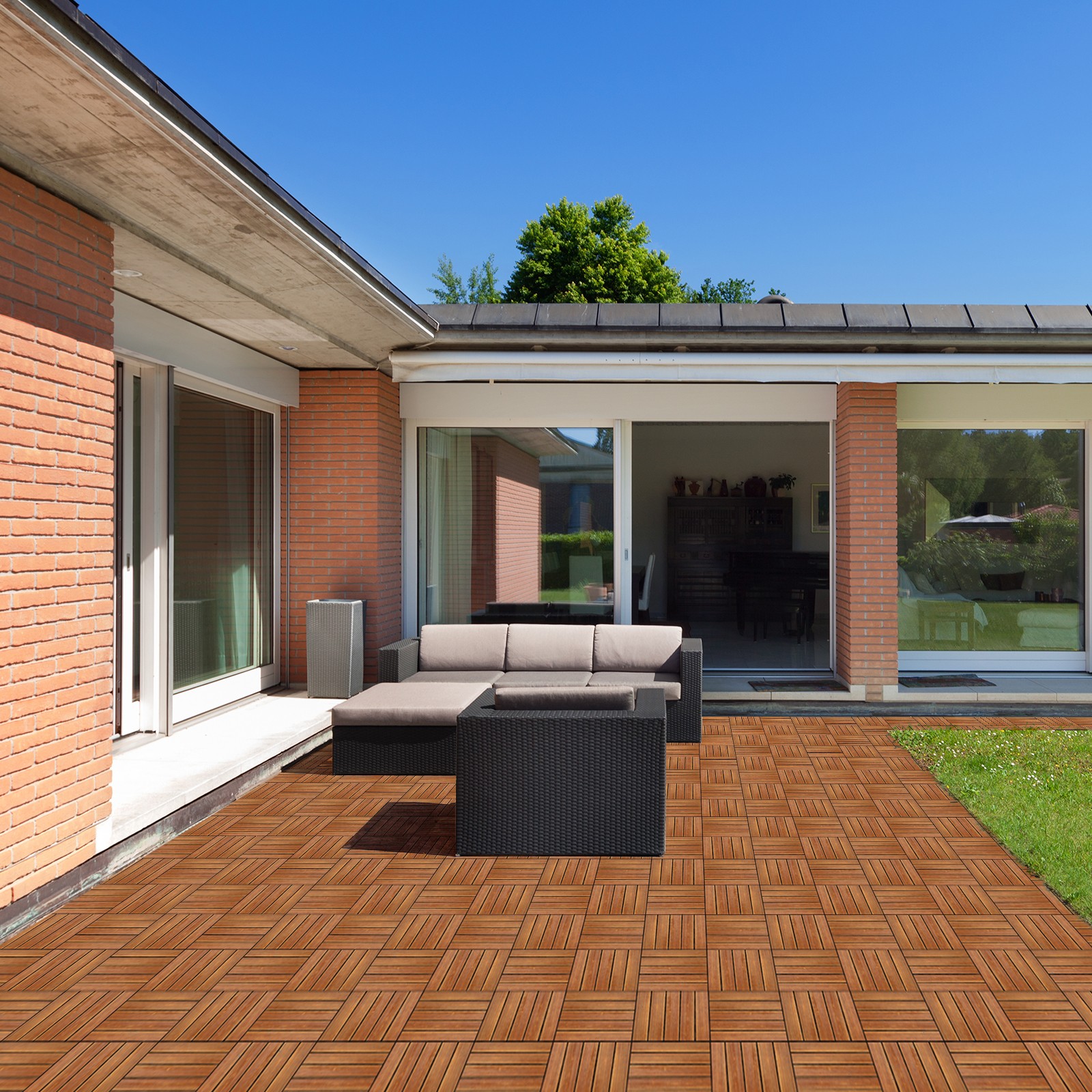 27 Pcs Wood Deck Tiles 12″ x 12″ Deck Tiles Interlocking Outdoor All Weather