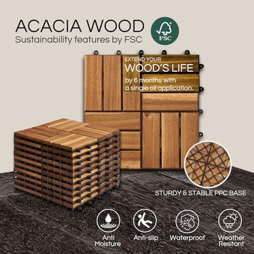 Acacia Wood Interlocking Deck Tiles (12″ 10 Pcs – 10 Square Ft Golden Teak 12S