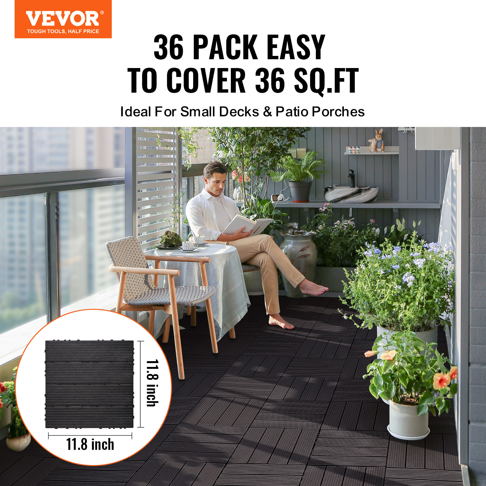 VEVOR Interlocking Deck Tiles 36 Pk 11.6″x11.6″ Waterproof for Porch Dark Brown