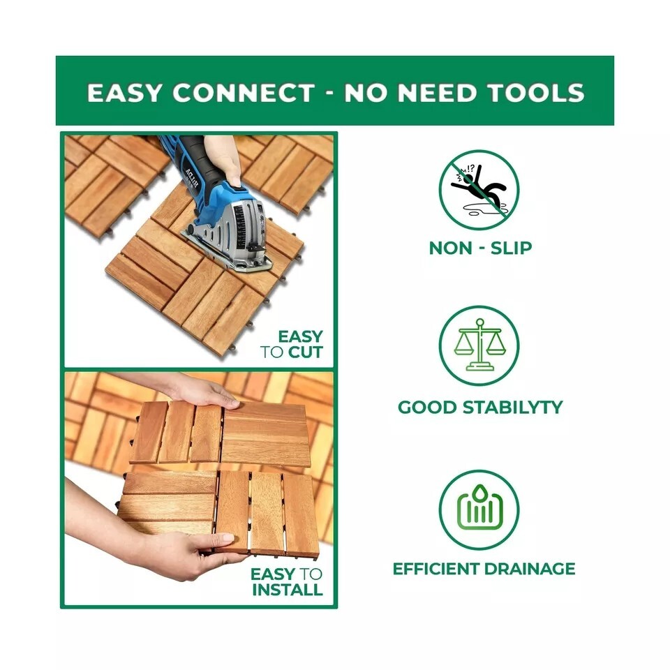 Hardwood Interlocking Patio Deck Tiles (Pack of 10, 12″ x 12″), Acacia Wood D…