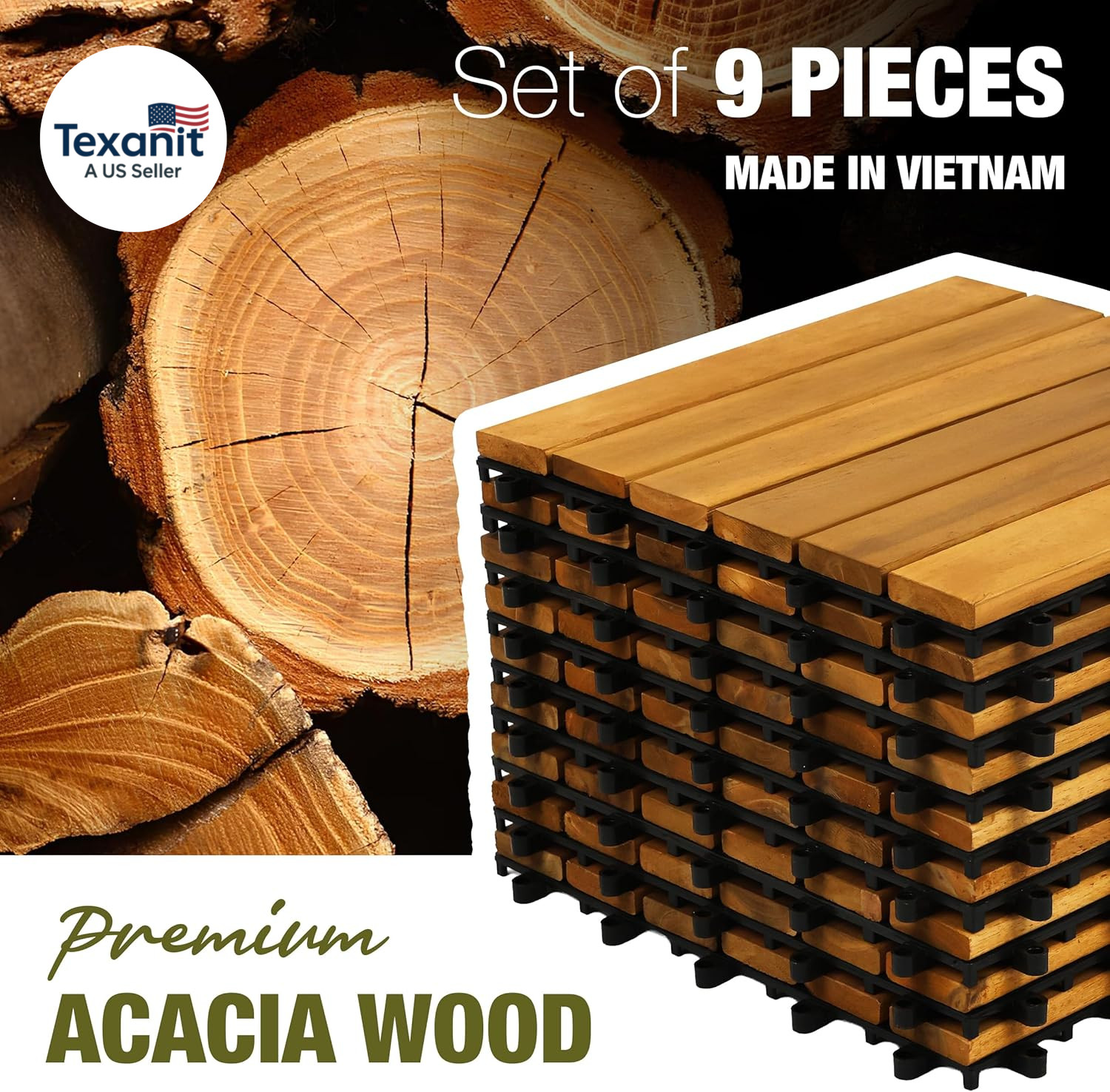 Premium Acacia Wood Interlocking Deck Tiles, 9 PCS 12″X12″X0.9″ Patio Flooring,