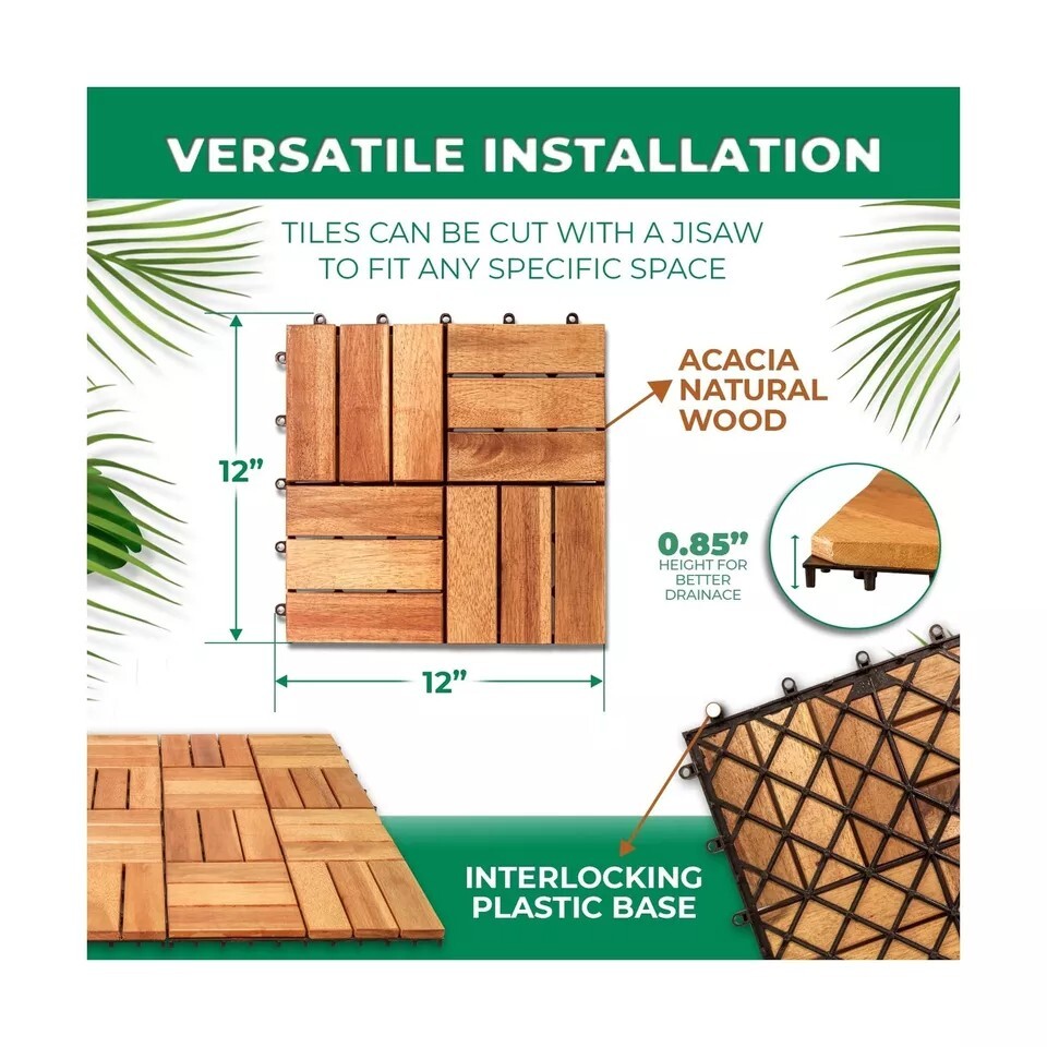 Hardwood Interlocking Patio Deck Tiles (Pack of 10, 12″ x 12″), Acacia Wood D…