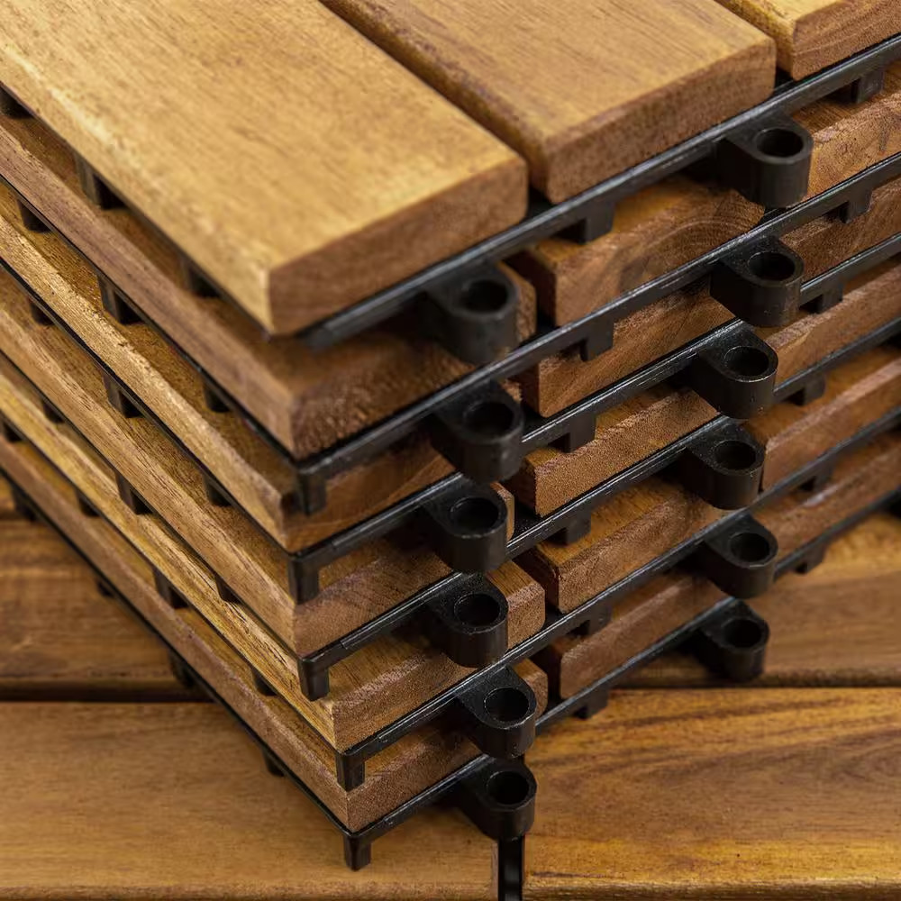 12 In. X 12 In. Acacia Wood Interlocking Flooring Deck Tile Brown 6-Slats, 10-Pa