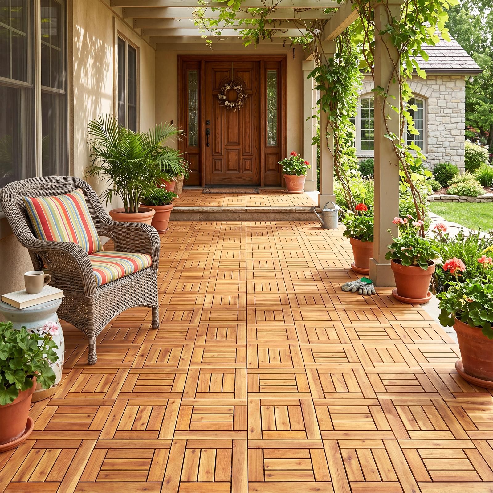 12″ x 12″ Acacia Wood Interlocking Deck Tiles 27 PCS Waterproof Flooring Tiles