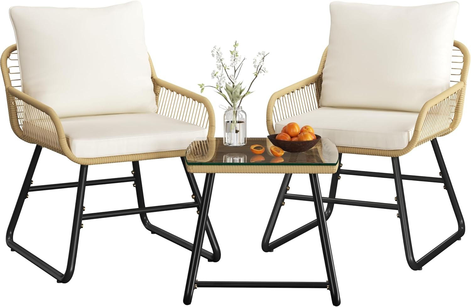 3 Piece Patio Bistro Set Outdoor Wicker Bistro Furniture Sets | 2 Rattan Chairs
