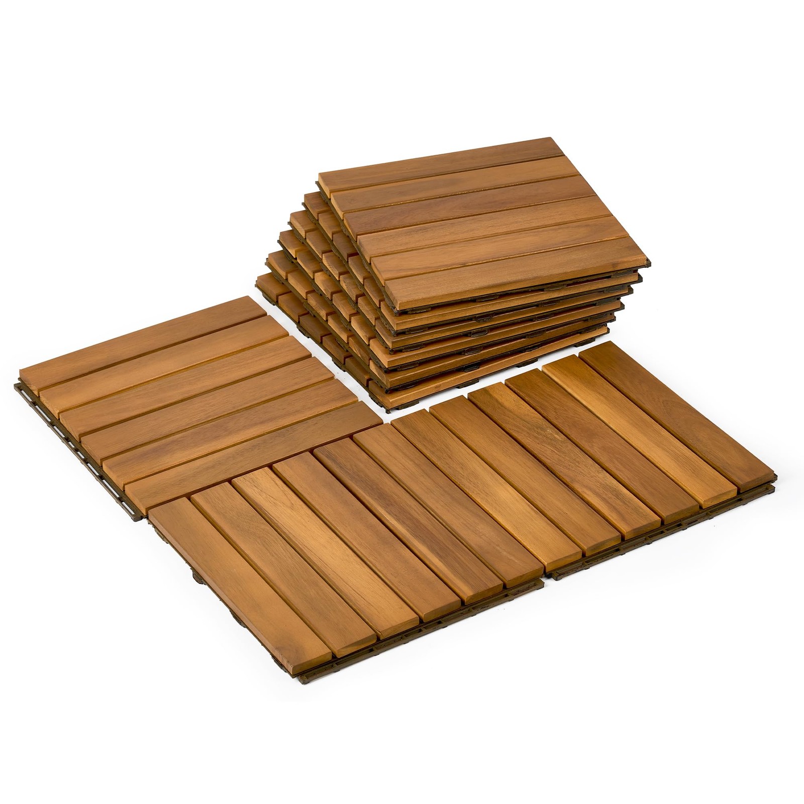 9 PCS Interlocking Deck Tiles 12″ x 12″, 6 Slats Outdoor Flooring Acacia Wood…