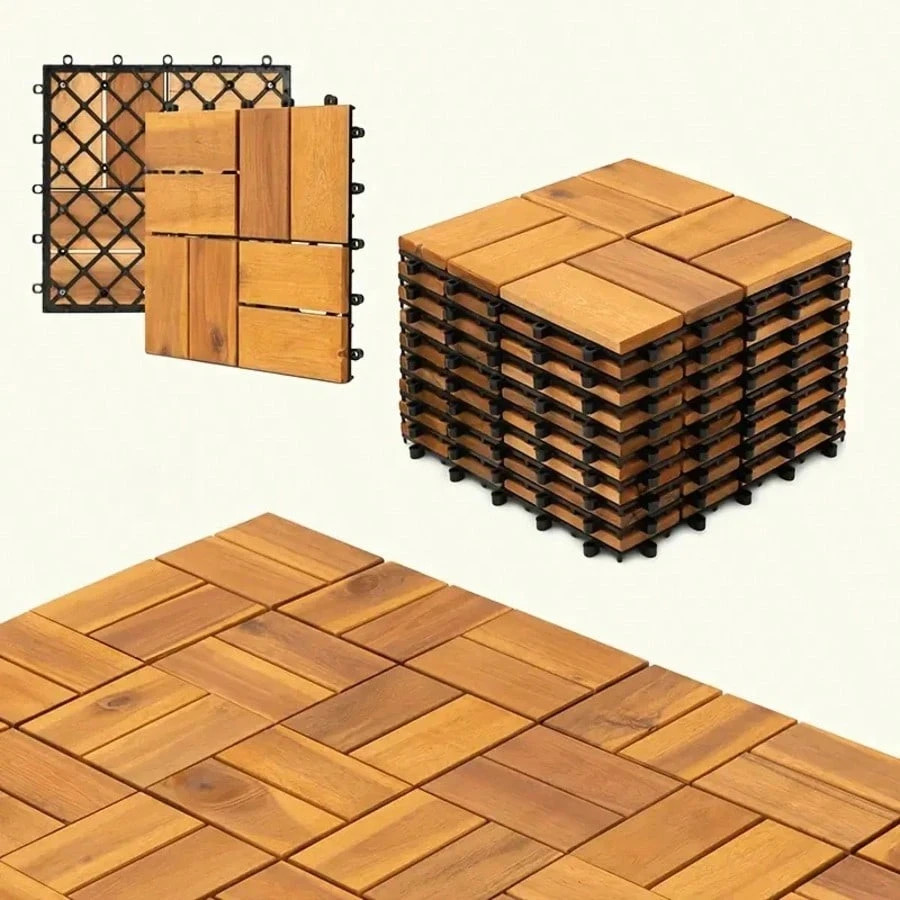10 Pcs Solid Acacia Wood Interlocking Deck Tiles 12×12 Patio Floor All Weather