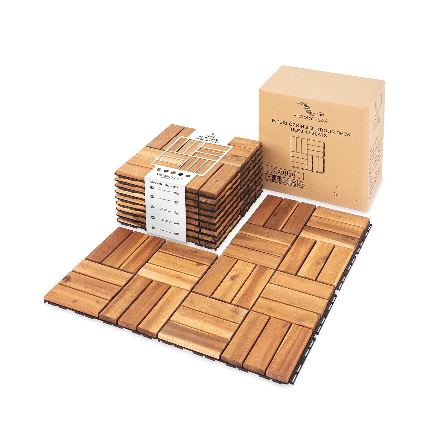 Natural Acacia 12×12 Interlocking Wood Deck Tiles for Balcony, Garden, Patio, Po
