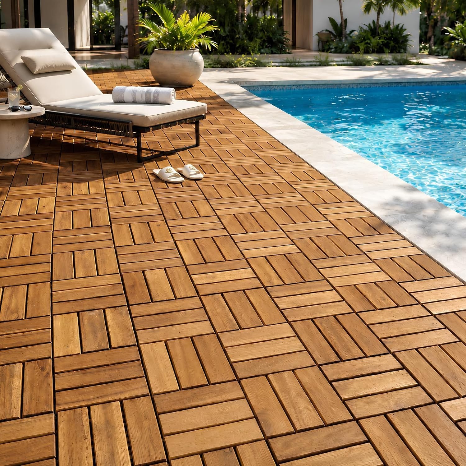Crossed Pattern Interlocking Deck Tiles – 12”x12” Waterproof Acacia Wood Set