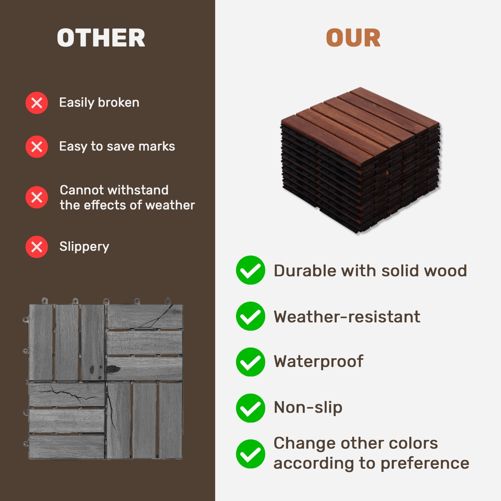 30pcs Acacia Wood Deck Tile Interlocking Flooring Pavers Tiles Outdoor Patio