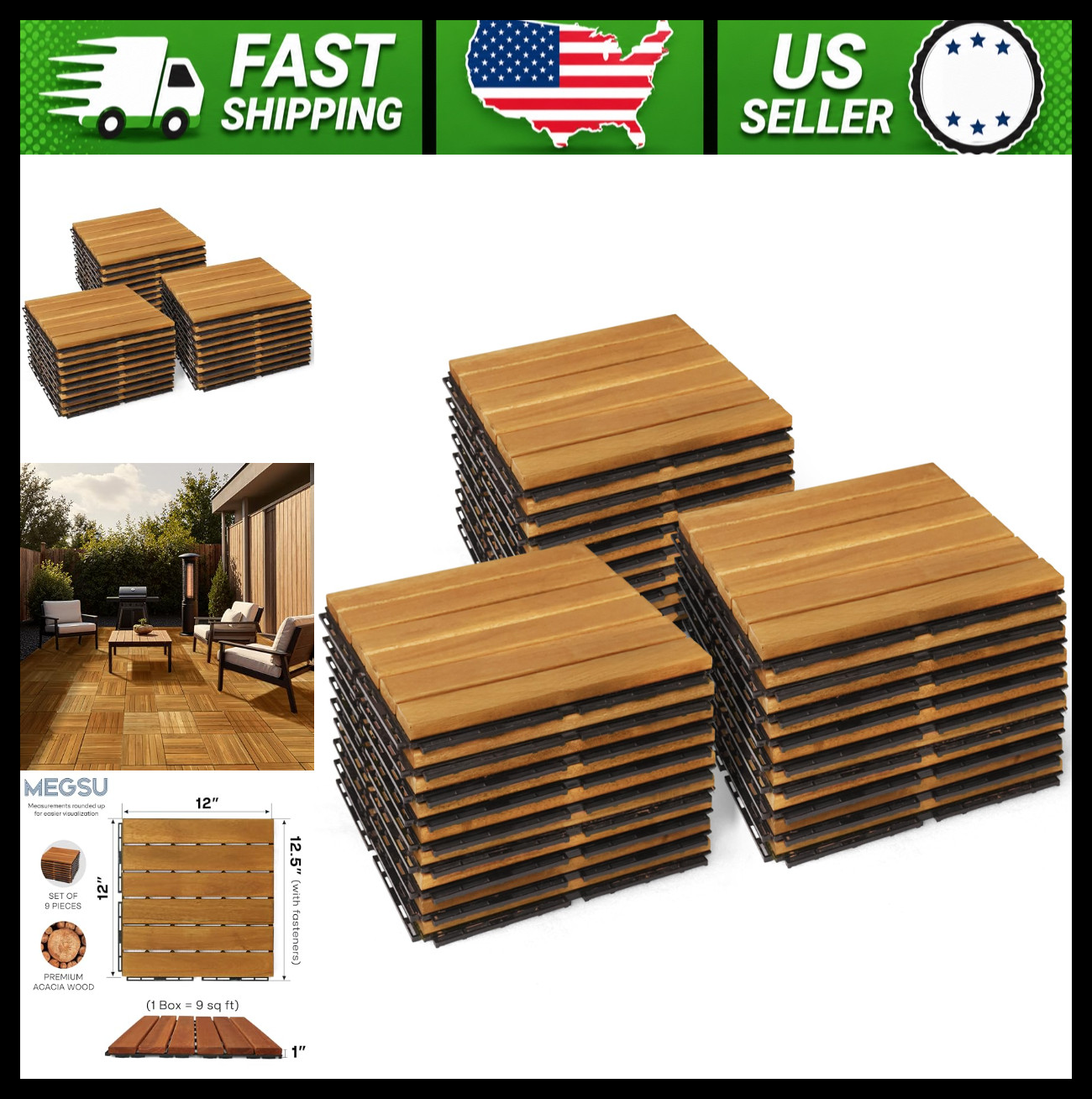Wood Interlocking Deck Tiles 12×12 Indoor Outdoor Flooring 27 Pcs Golden Striped
