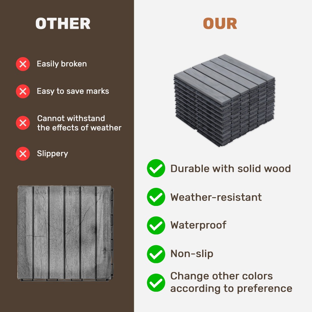 30 PCS Interlocking Deck Tiles Striped Pattern 12×12 Light Gray Acacia Hardwood