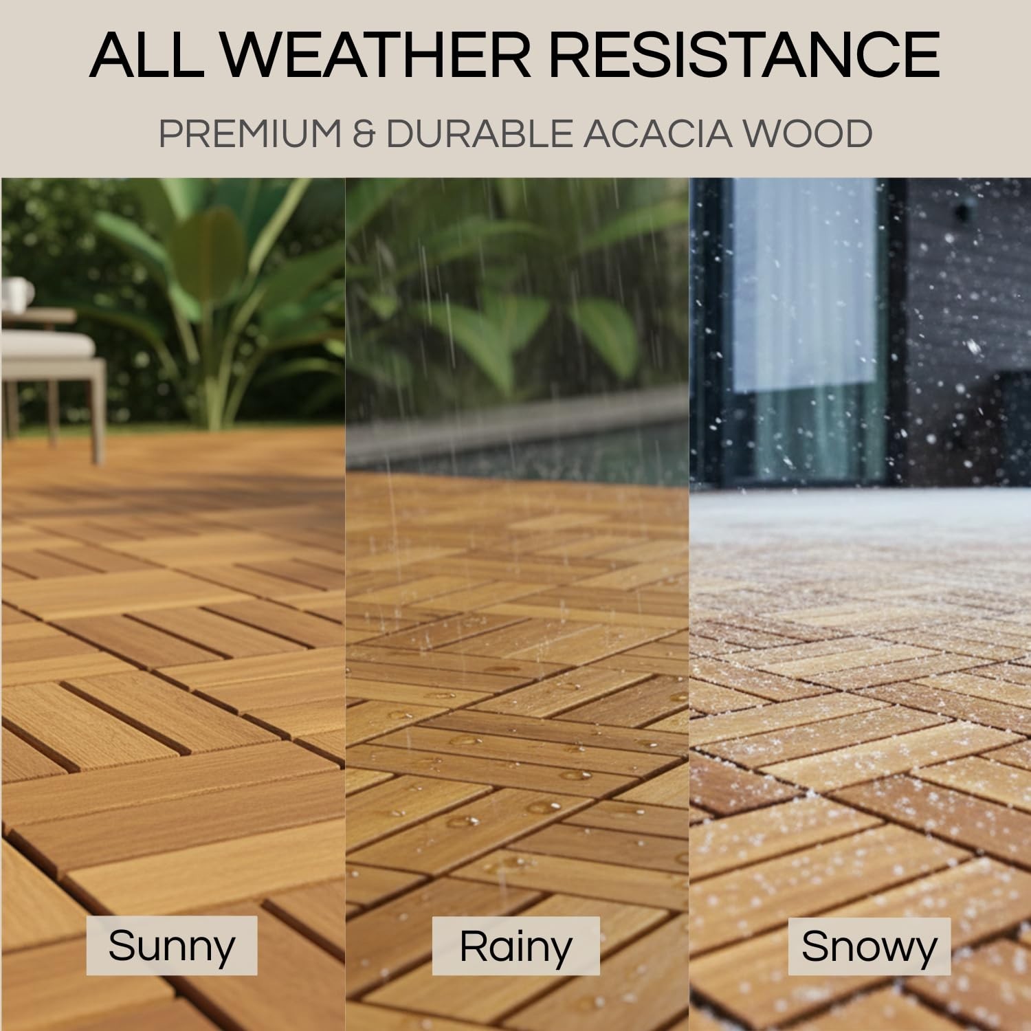 Interlocking Deck Tiles – 10 Pcs 12″x12″ Waterproof Acacia Wood for Patio, Balco