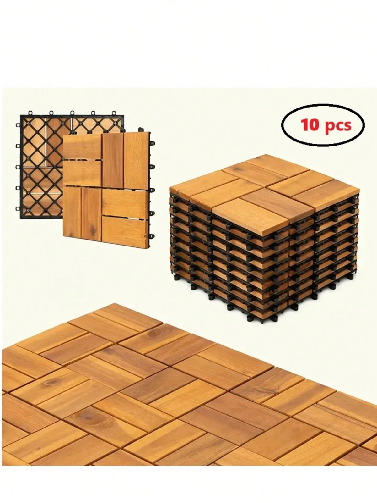 10 Pcs Solid Acacia Wood Interlocking Deck Tiles 12×12 Patio Floor All Weather