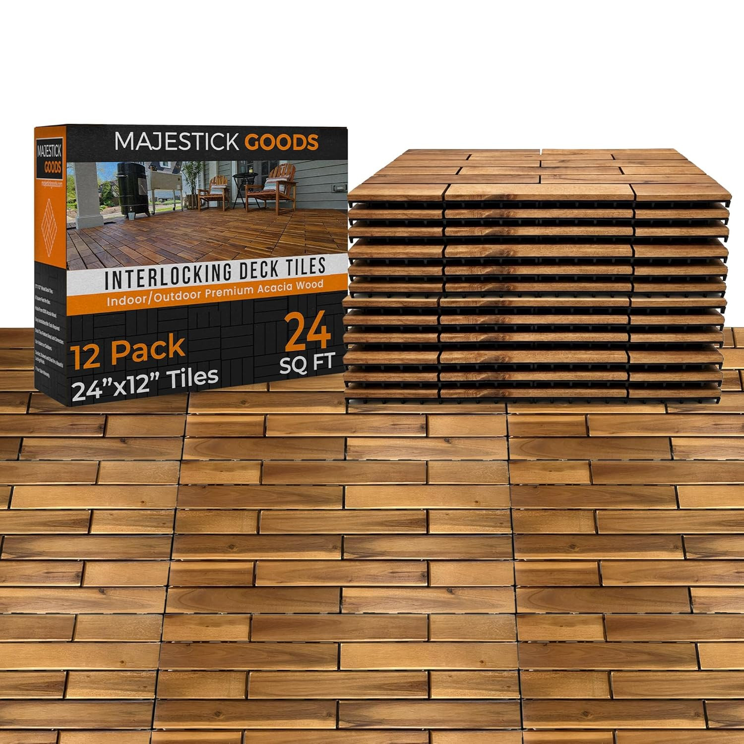 Acacia Hardwood Interlocking Deck Tiles – 24 Sq Ft Outdoor Flooring, 2 Pack
