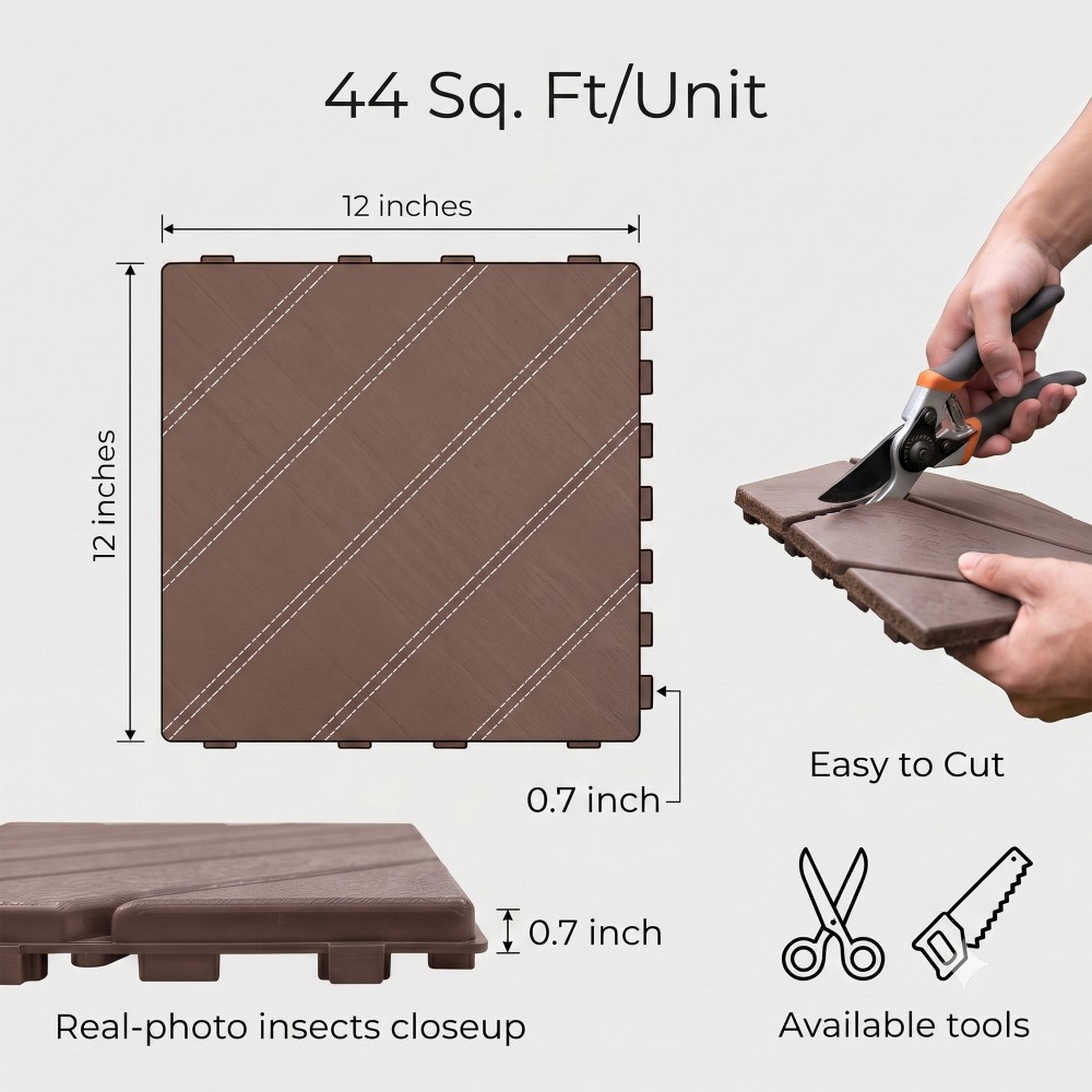44x Plastic Interlocking Deck Tiles 12″x12″ Waterproof Non-Slip Patio Flooring