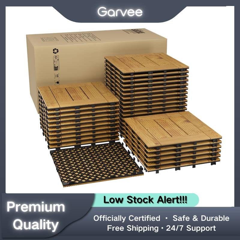 33 Pack Acacia Wood Deck Tiles 12×12 Interlocking 32 Sq Ft Non-Slip Easy Snap