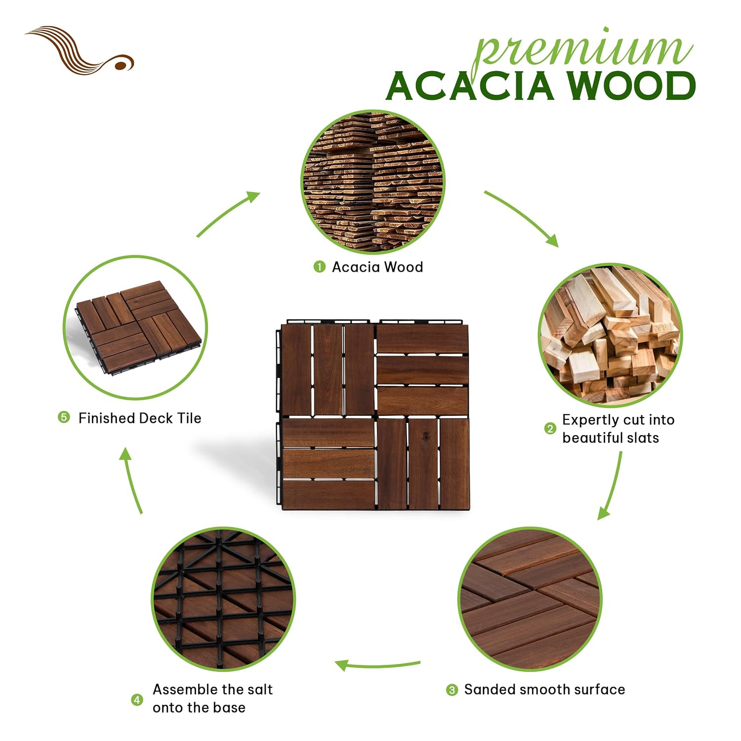 Natural Acacia 12X12 Interlocking Wood Deck Tiles for Balcony, Garden, Patio, Po