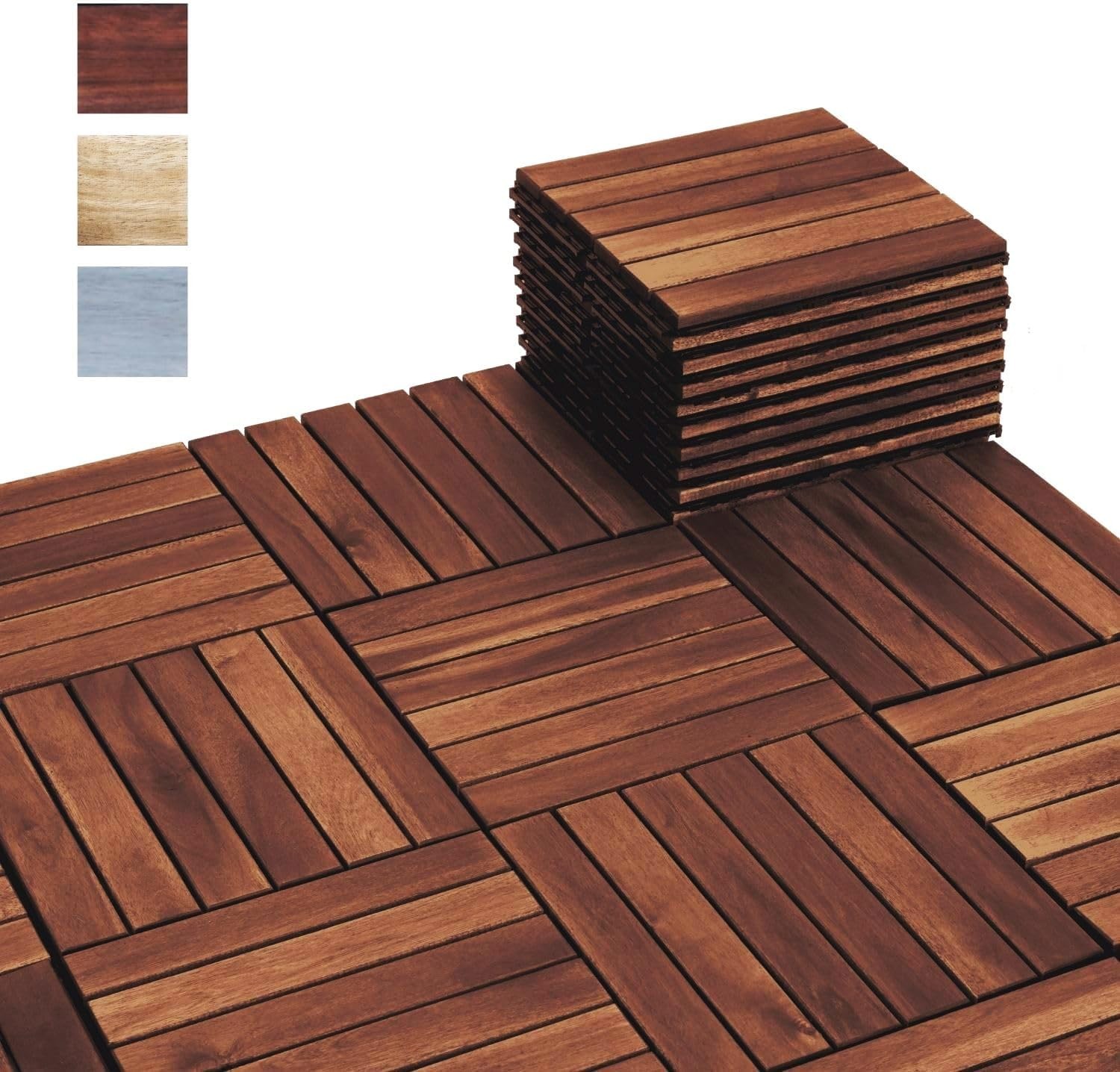 10PCS Interlocking Deck Tiles 12″ x 12″ Waterproof Acacia Wood Decking