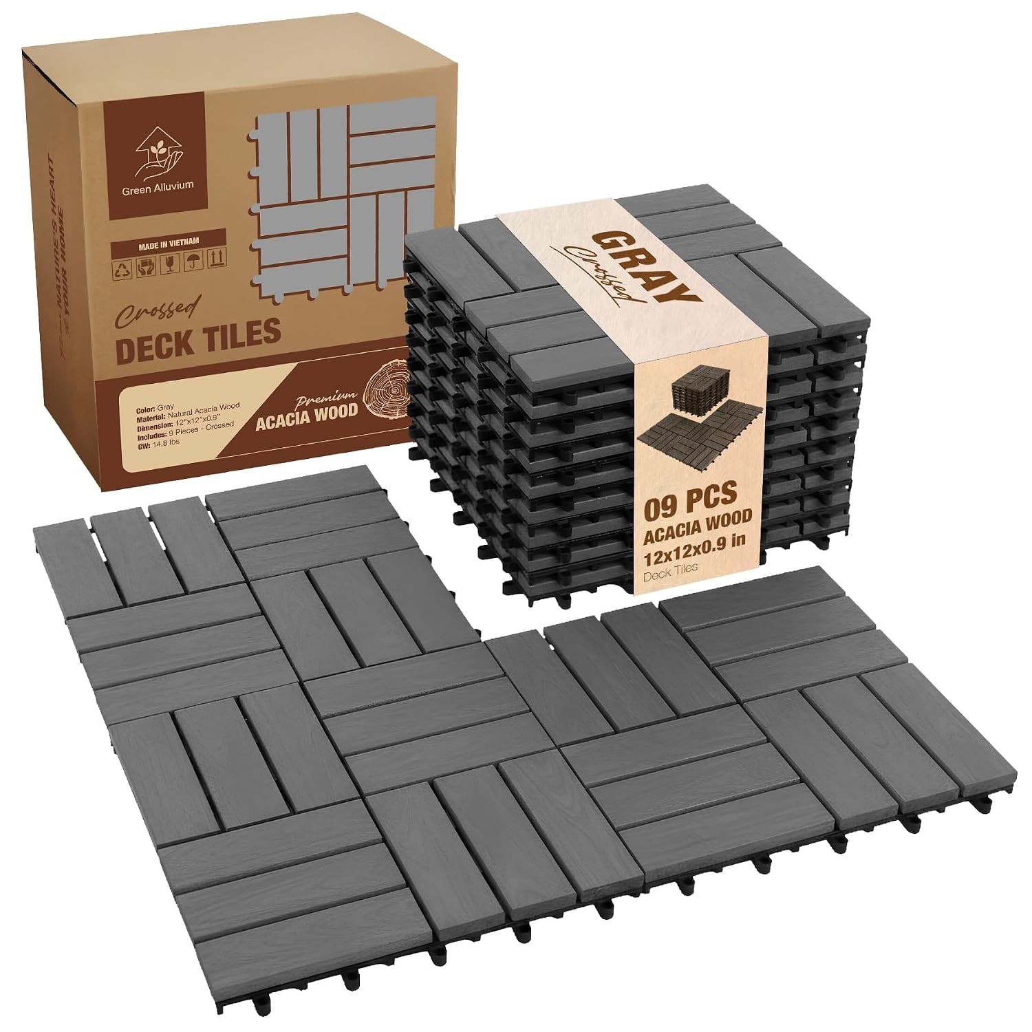 Premium Acacia Wood Interlocking Deck Tiles, 9 PCS 12″x12″x0.9″ Patio Flooring,