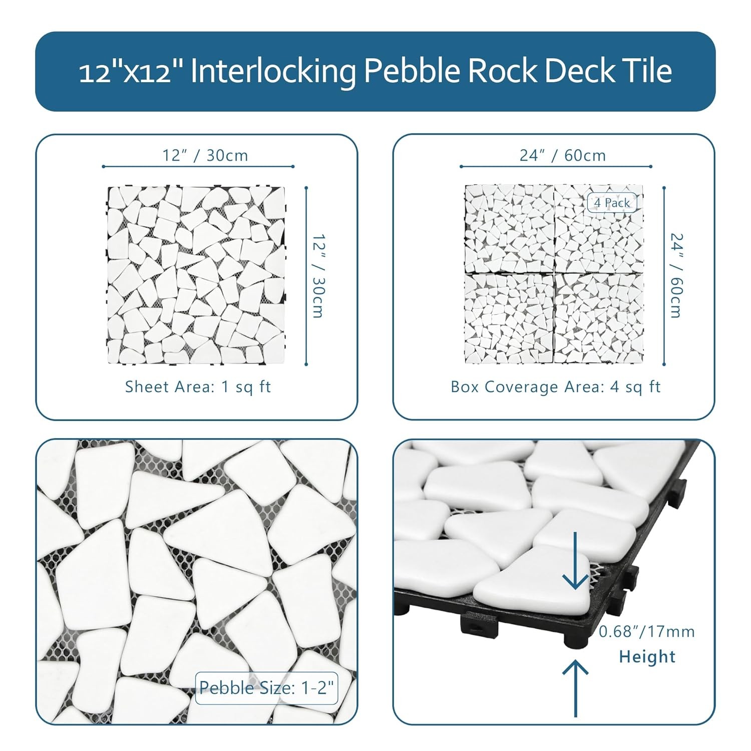 4PCS Natural Stone Interlocking Deck Tiles 12″x12″ Pebble Waterproof Patio Deck