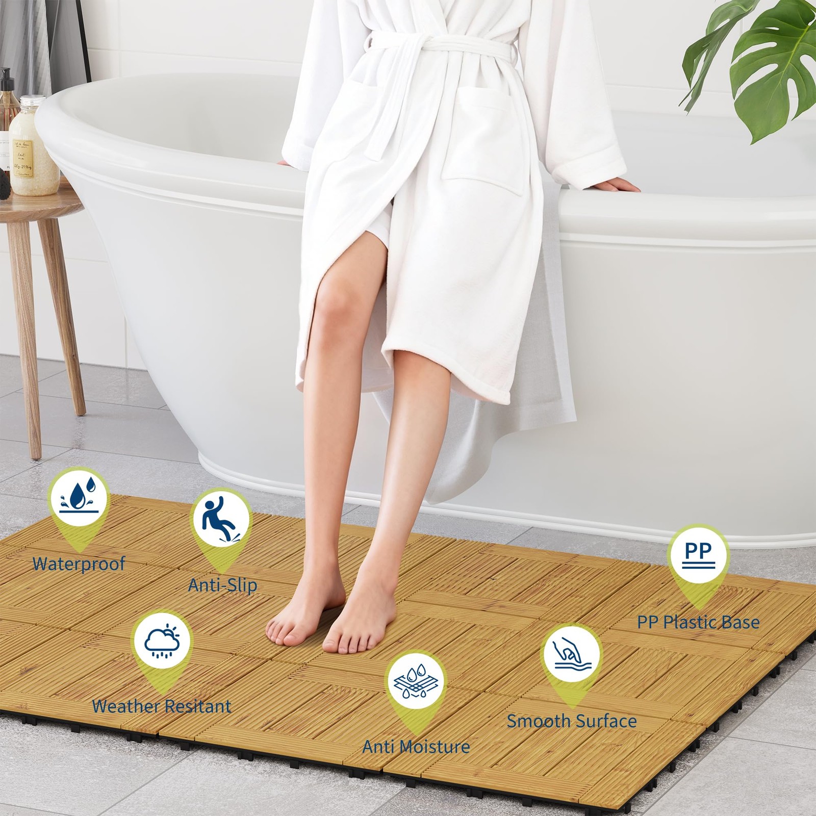 33 Pack Acacia Wood Deck Tiles 12×12 Interlocking 32 Sq Ft Non-Slip Easy Snap