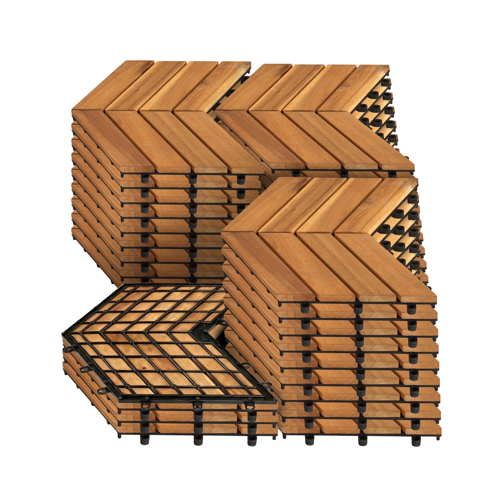 Acacia Wood Interlocking Deck Tiles, 30 PCS Waterproof Flooring Tiles,Natural