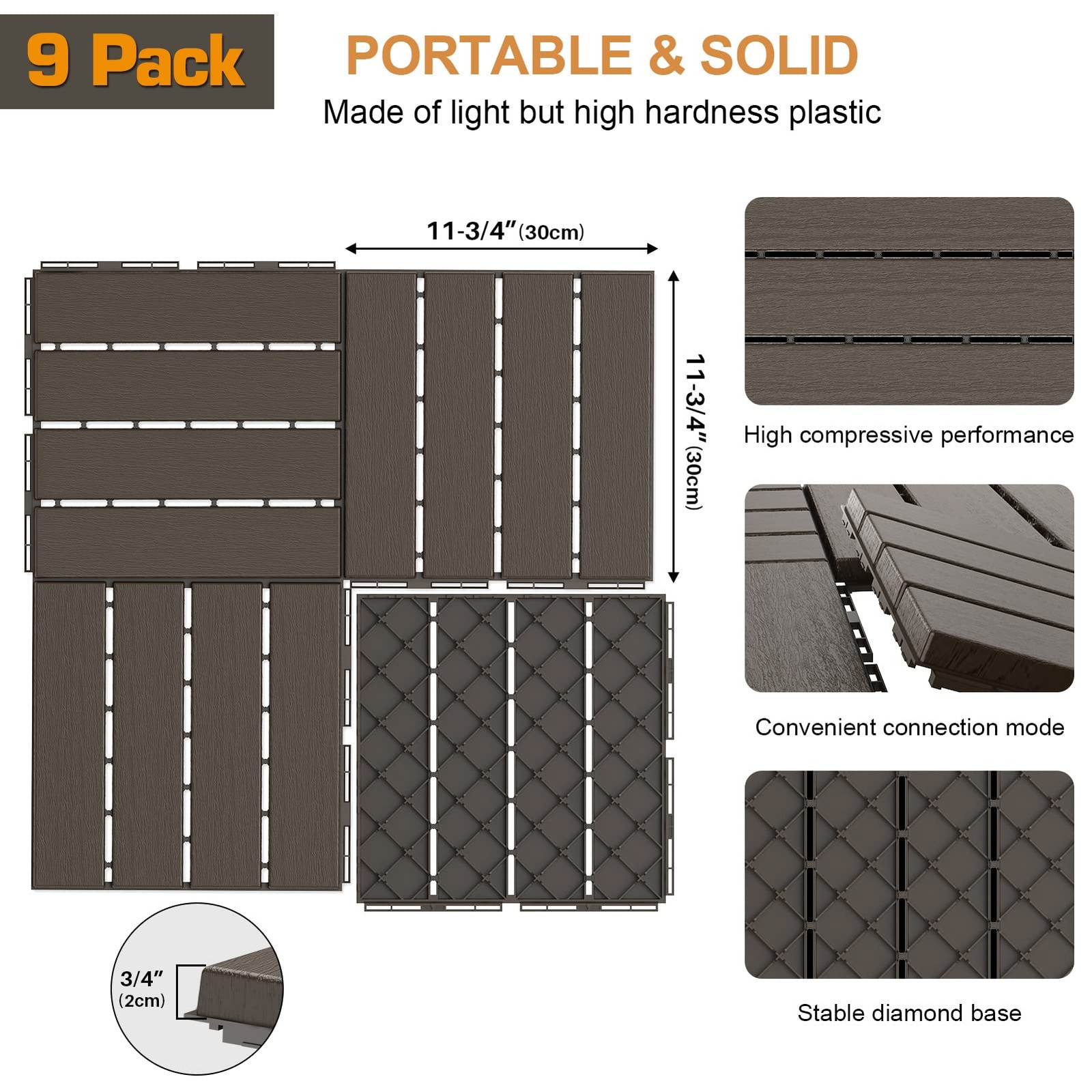 Goovilla Plastic Interlocking Deck Tiles, 9 Pack Balcony Flooring, 12″x12″ Wa…
