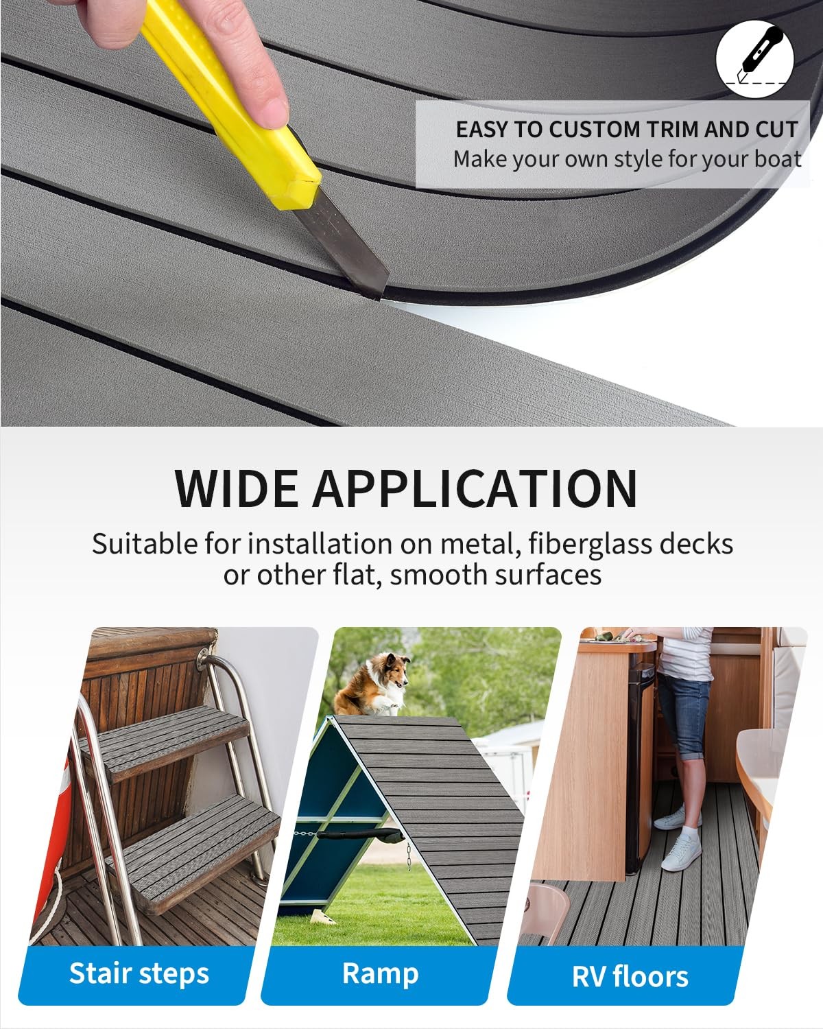 Boat Flooring Self-Adhesive 48”x16.8” Gray with Black Lines