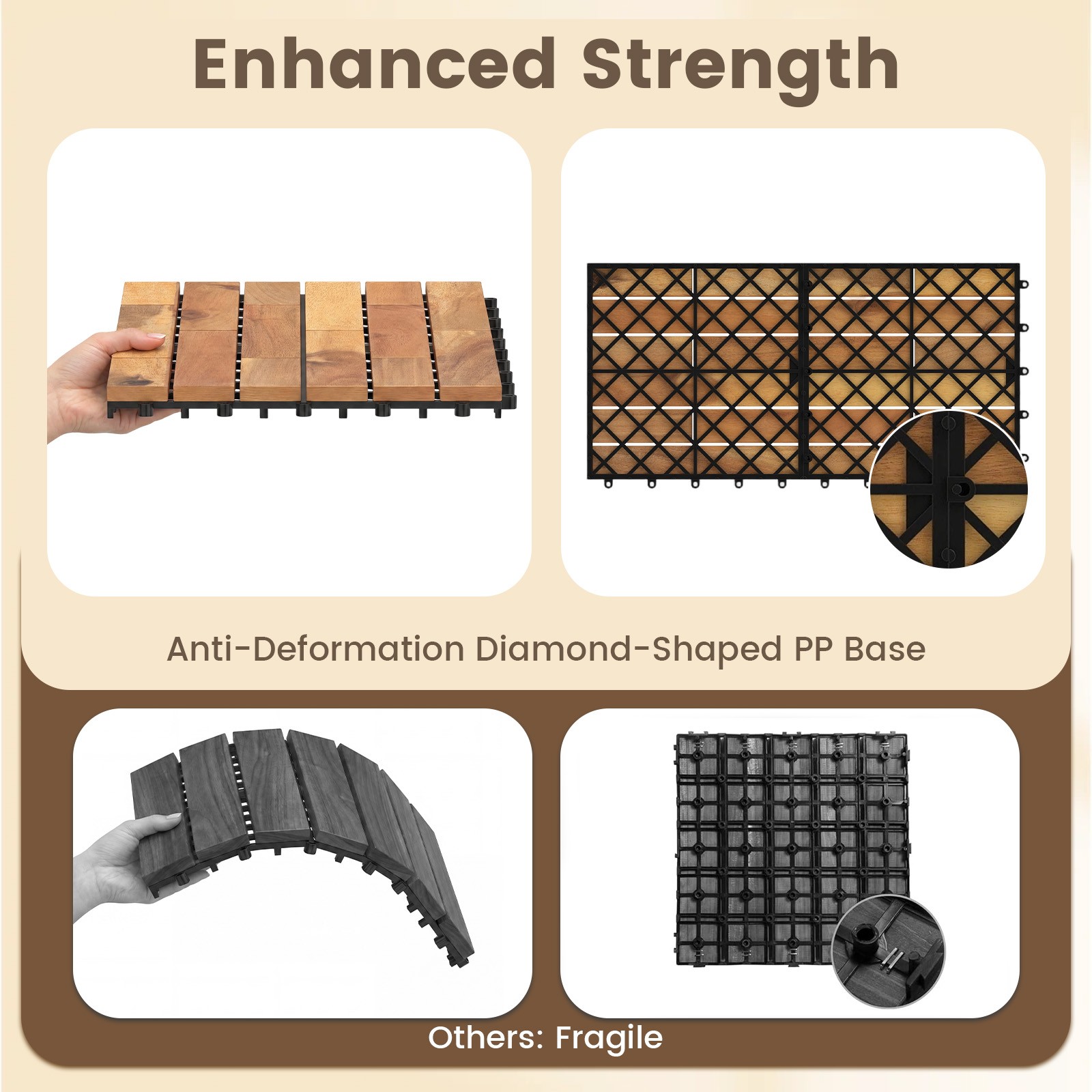 24″ x 12″ Acacia Wood Interlocking Deck Tiles 12 PCS Waterproof Flooring Tiles