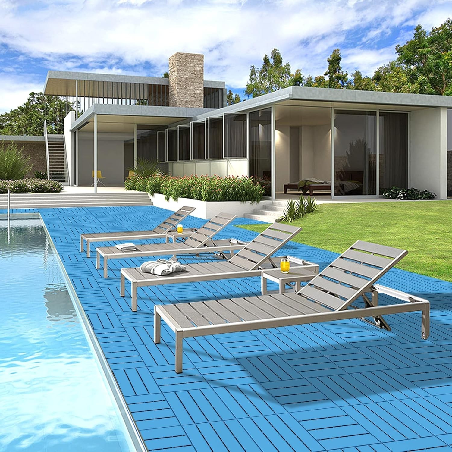 Durable Plastic Deck Tiles 27 Pack 12 Inch Dark Blue for Patio Poolside Backyard