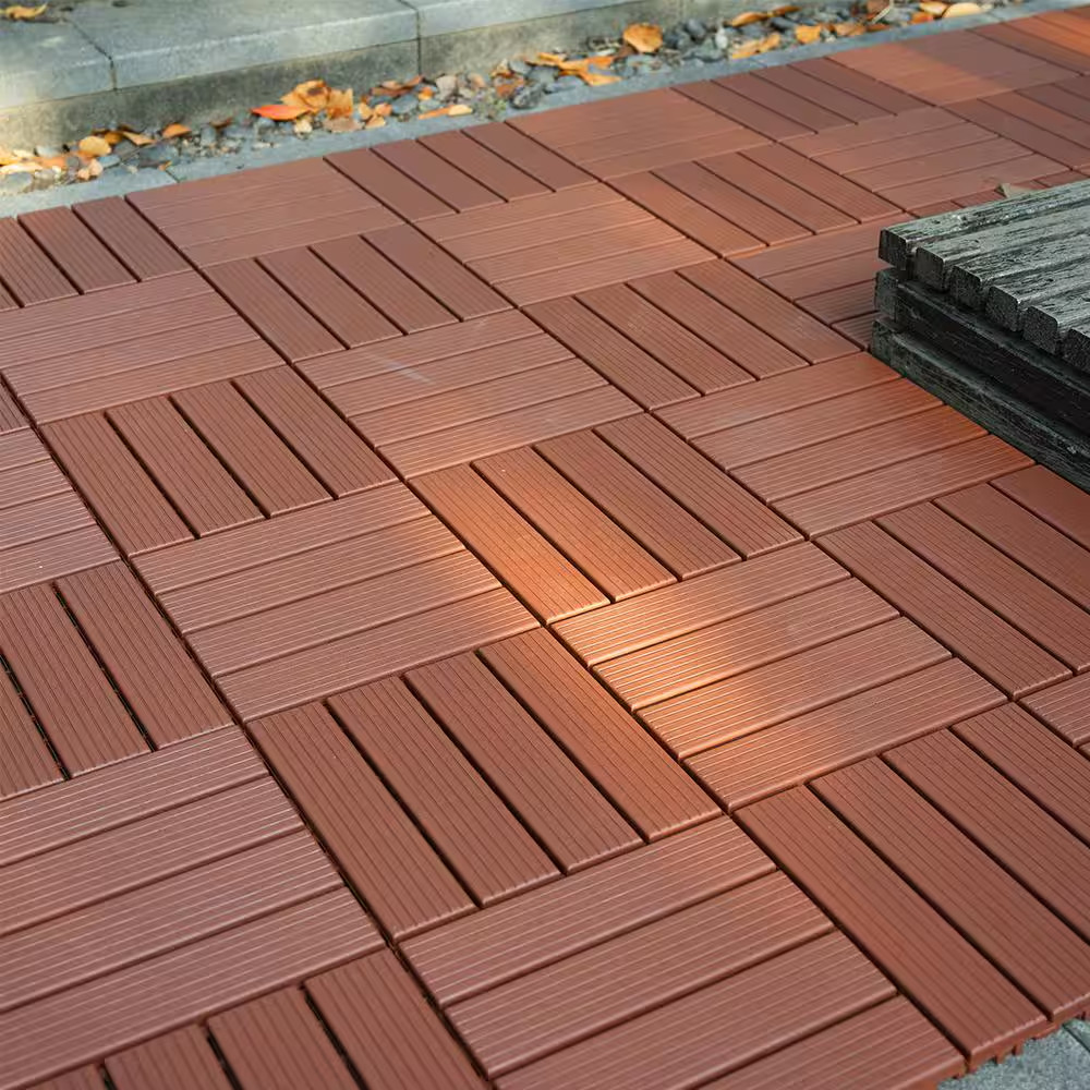 Dark Brown 1 Ft. X 1 Ft. All-Weather Plastic Outdoor Interlocking Deck Tiles Str