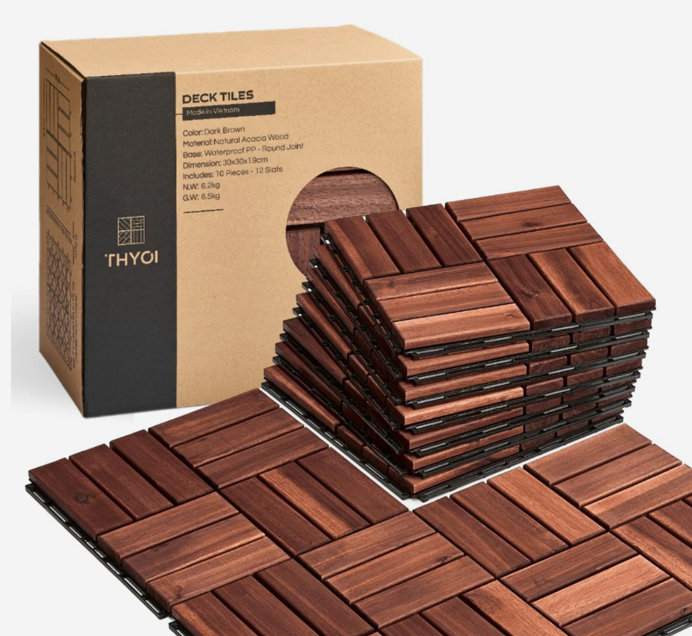 Thyoi Deck Tiles Dark Brown Natural Acacia 12″ x 12″ 10 Pack