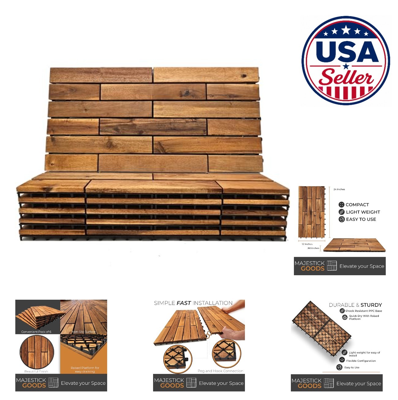 Interlocking Deck Tiles 6 Pack Acacia Wood 24×12 Inch Raised Base Drainage