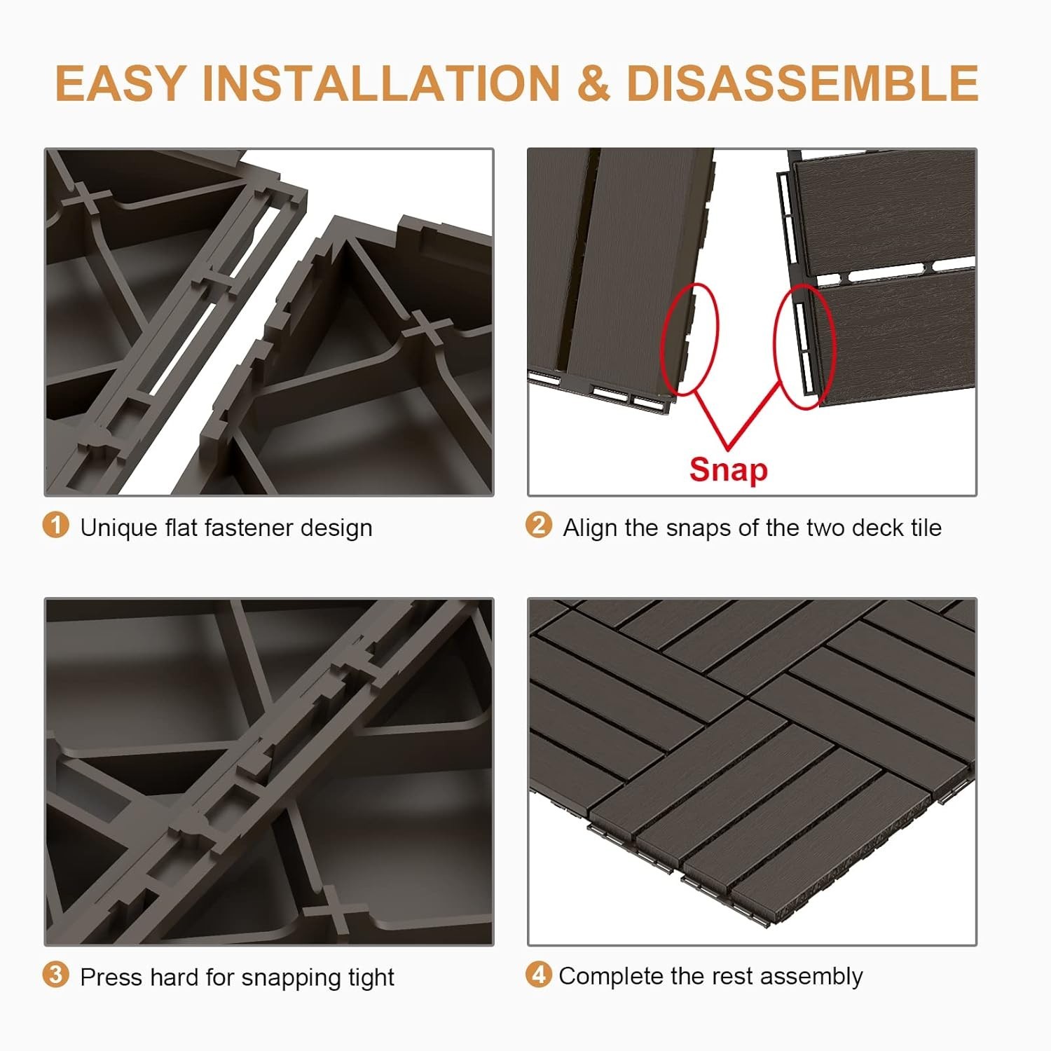Durable Outdoor Flooring Deck Tiles, 12×12, All-Weather Use, 9 Pack, Dark Coffee