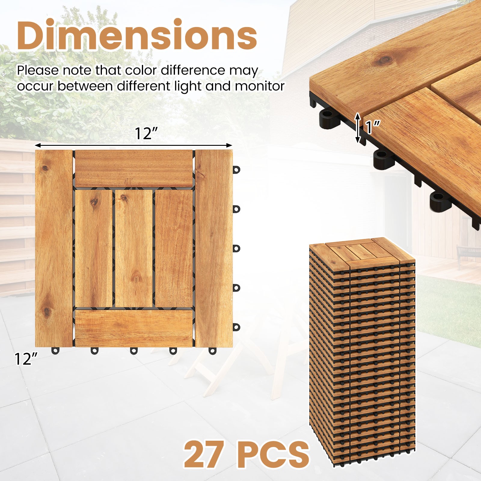 12″ x 12″ Acacia Wood Interlocking Deck Tiles, 27 PCS Waterproof Flooring Tiles