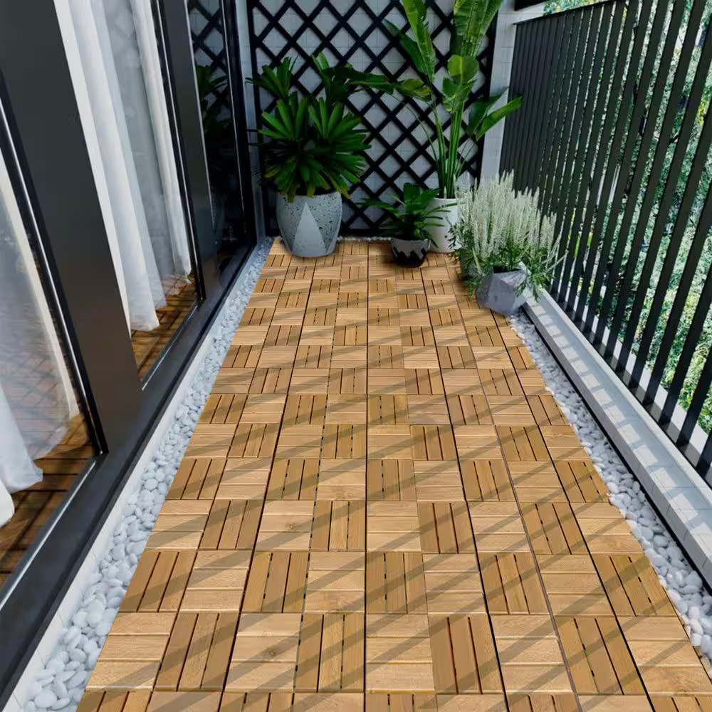 10-Pack 12 In. X 12 In. Square Outdoor Yellow Acacia Wood Interlocking Deck Tile